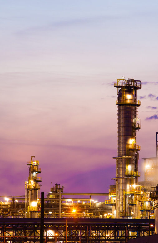 Night view of the refinery petrochemical plant in Gdansk, Poland Europe.